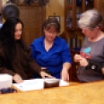 5/13/13 @ Hewitt Home - Rona Sullivan (Barber Descendant) & Mary Hewitt discussing Chief Sodney (Photo taken by Jim Goodwin)